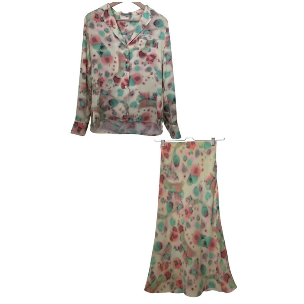 Aritzia Wilfred Free KYRA Pastel Watercolor Dye-Tie Midi Skirt & Top Sz XXS/00